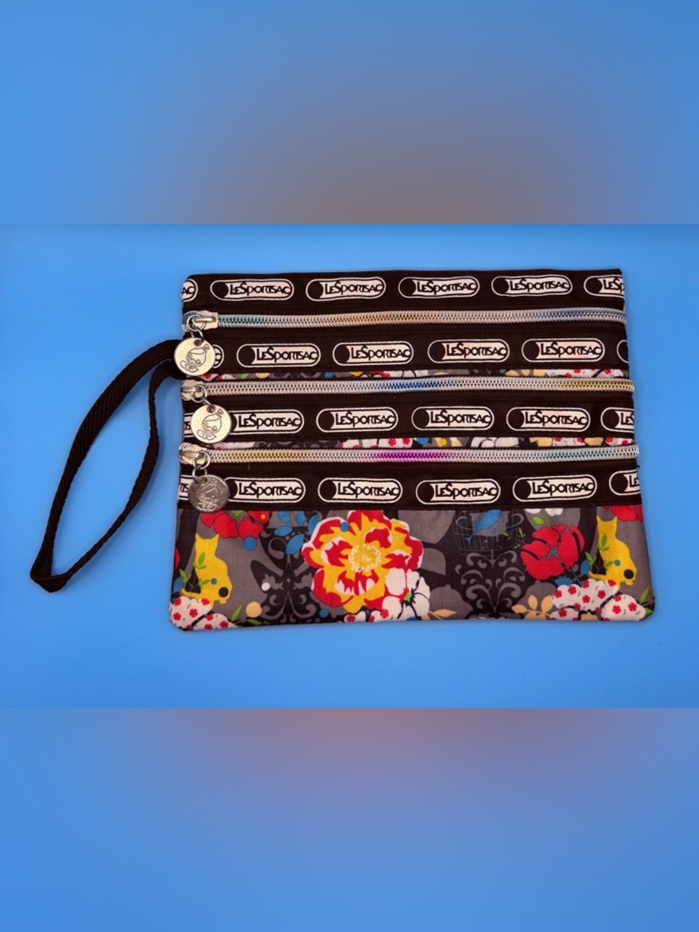 LeSportsac Tea Time 3966 3-Zip Wristlet HTF Cats Floral Zipper Charms